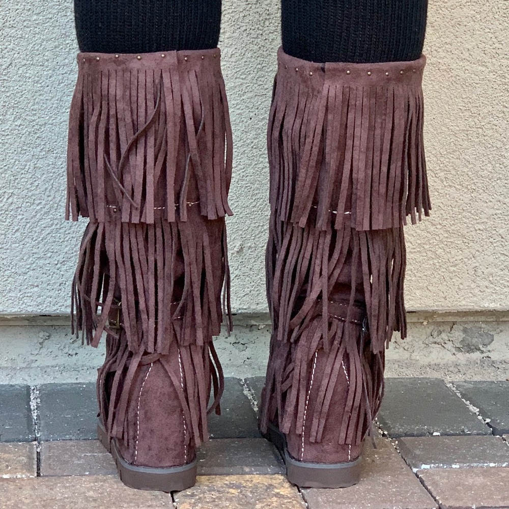 Nib Espresso Three Fringe Layered Moccasin Boots - image 7